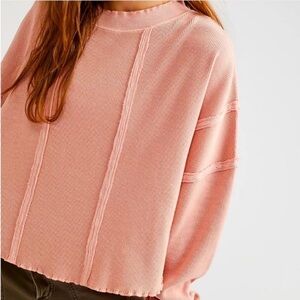 Free People Pink Boxy Textured Crewneck Sweatshirt